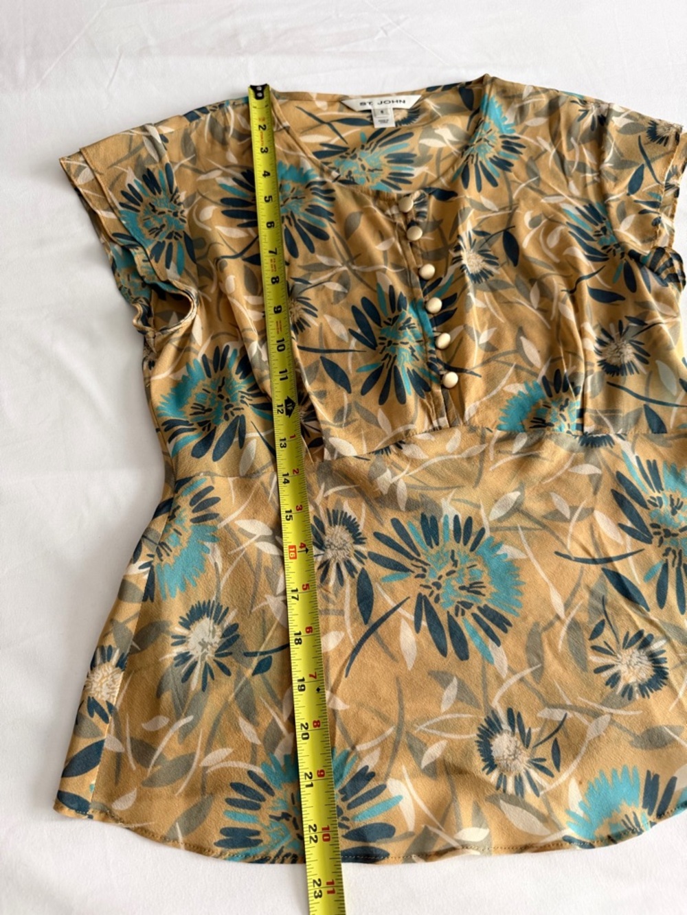 St. John Silk Teal Golden Yellow Floral Collarless Cap Sleeve Sheer Blouse Top - Picture 14 of 16